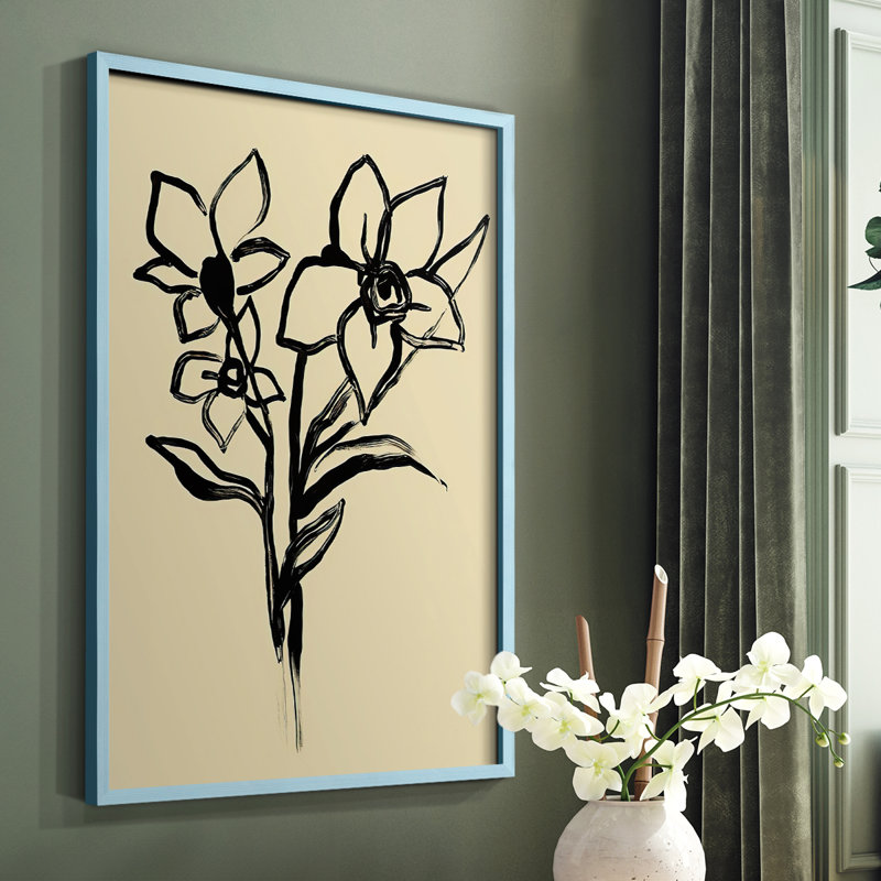 Encre florale I, impression encadrée - bois massif, Bleu, H 10 po x l 8 po