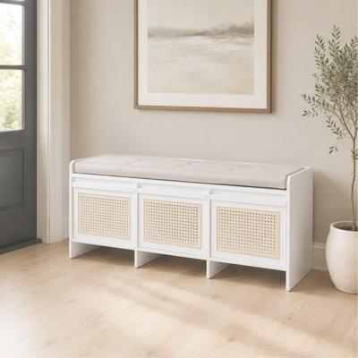 48 Inch Entryway Shoe Bench with Rattan Drawers and Upholstered Cushion