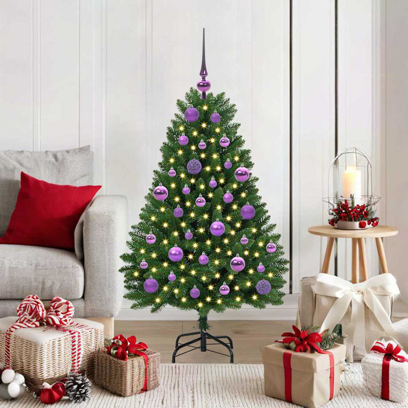 Artificial Christmas Tree with Stand Green PVC and Metal, Green, 270 cm, with Leds & Lilac Balls