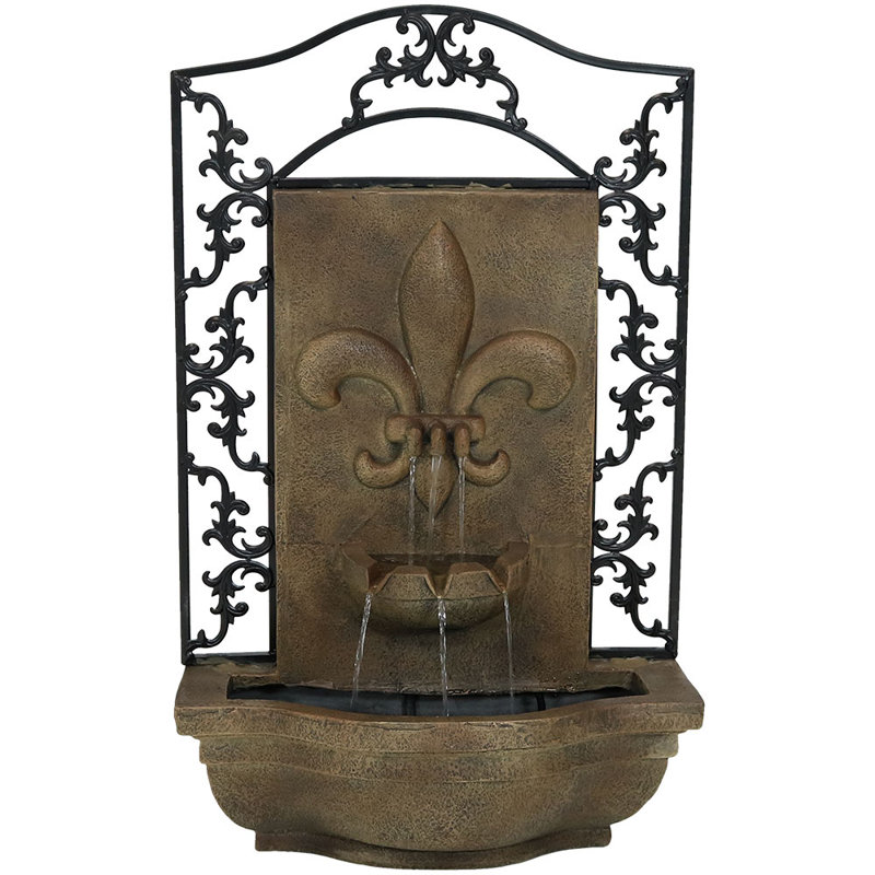 French Lily Polystone Outdoor Solar Wall Fountain with Battery Backup - Florentine Stone, Florentine Stone
