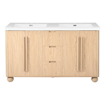 Meuble-lavabo de 59 po avec lavabo en résine, 4 portes à fermeture douce, tablettes réglables et 3 tiroirs