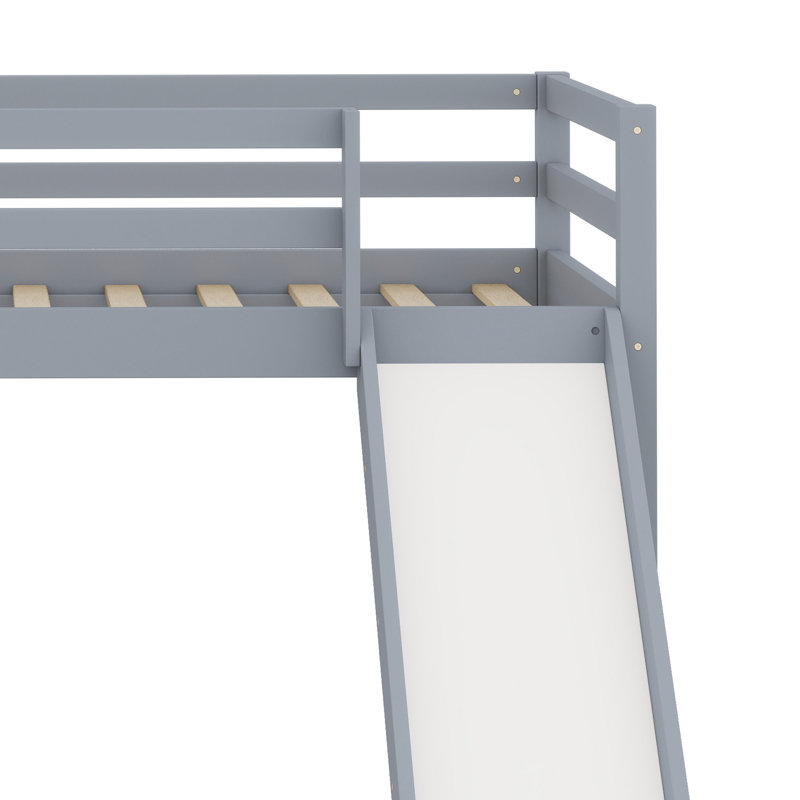 Low Loft Bed With Slide, Ladder, Safety Guardrails, Gray
