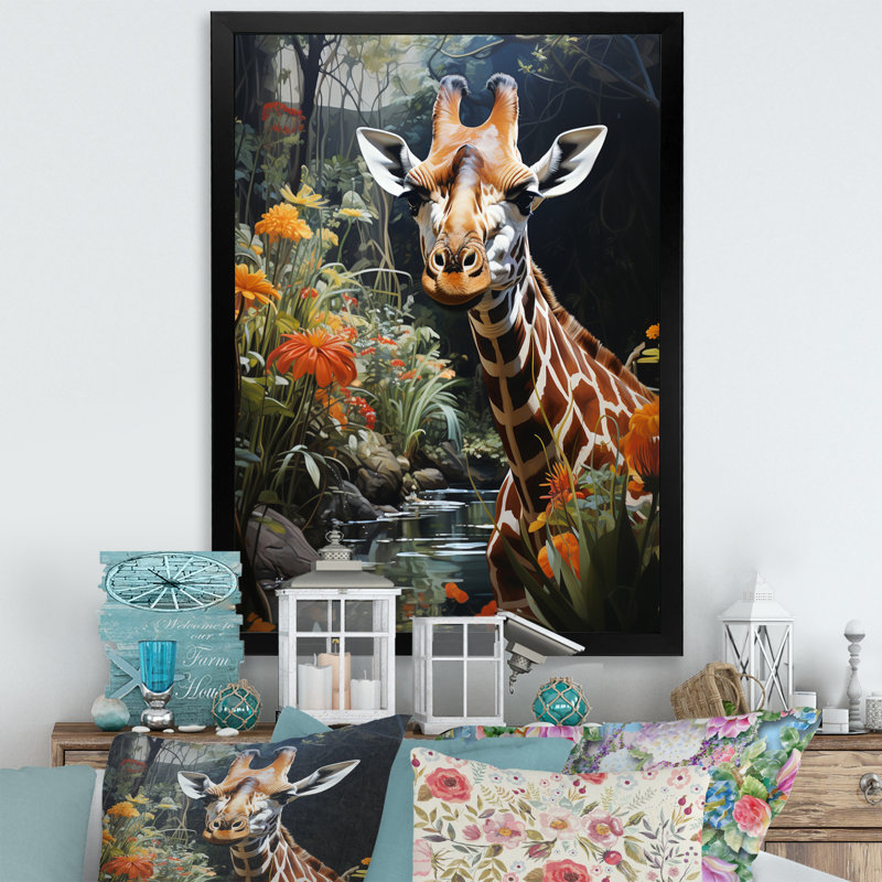 Girafe élégante girafe pastorale I - animaux, art mural salon, H 20 po x l 12 po x P 1 po, Cadre photo noir