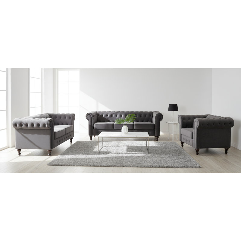 Ensemble de salon avec chaise capitonnée et canapé Chesterfield, Gris