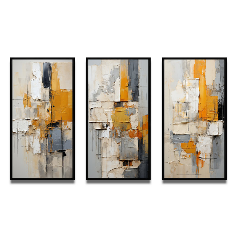 3 pièces sur toile - Assemblage abstrait, Cadre noir, H 40 po x l 60 po
