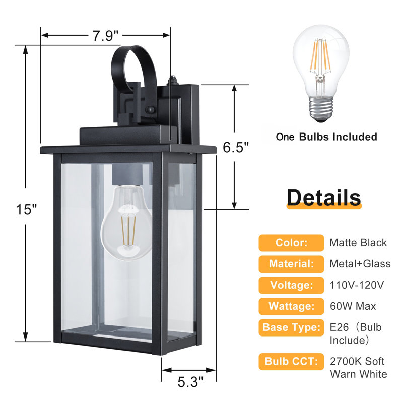 1 - Light 15''H Black Iron Tempered Glass 𝗜𝗻𝗰𝗹𝘂𝗱𝗲𝘀 𝗕𝘂𝗹𝗯 ETL Outdoor Wall Light with Dusk to Dawn, Matte Black