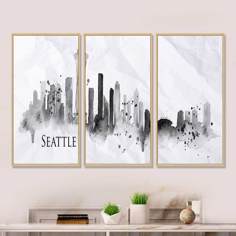 «Seattle Black Silhouette - Cityscape», ensemble d'art mural sur toile, H 32 po x l 48 po x P 1 po, Cadre blanc