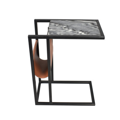 Table d'appoint rectangulaire en forme de C en marbre et cuir Emmeline