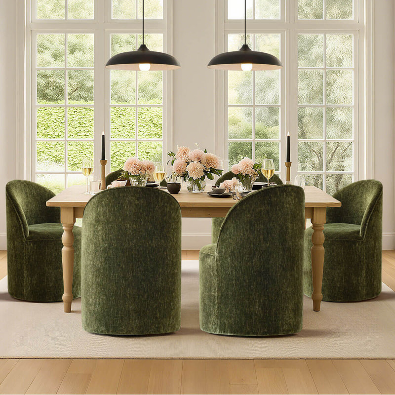 Rolling Chenille Upholstered Dining Chair With Hidden Casters (Set Of 6), Olive Green