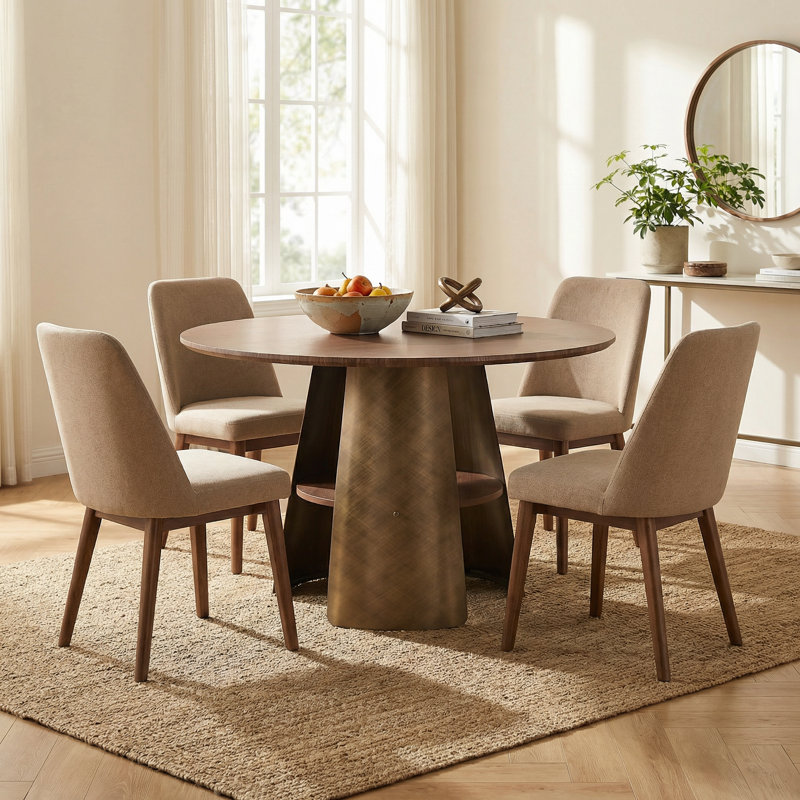 47.25" Retro Round Dining Table with MDF Tabletop and Bronze Metal Frame, Brushed Walnut Finish, Seats 4-6