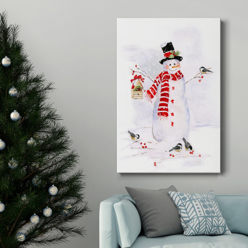 «Snowman And Chickadee Friends II», toile tendue avec châssis de qualité supérieure - prête à être accrochée