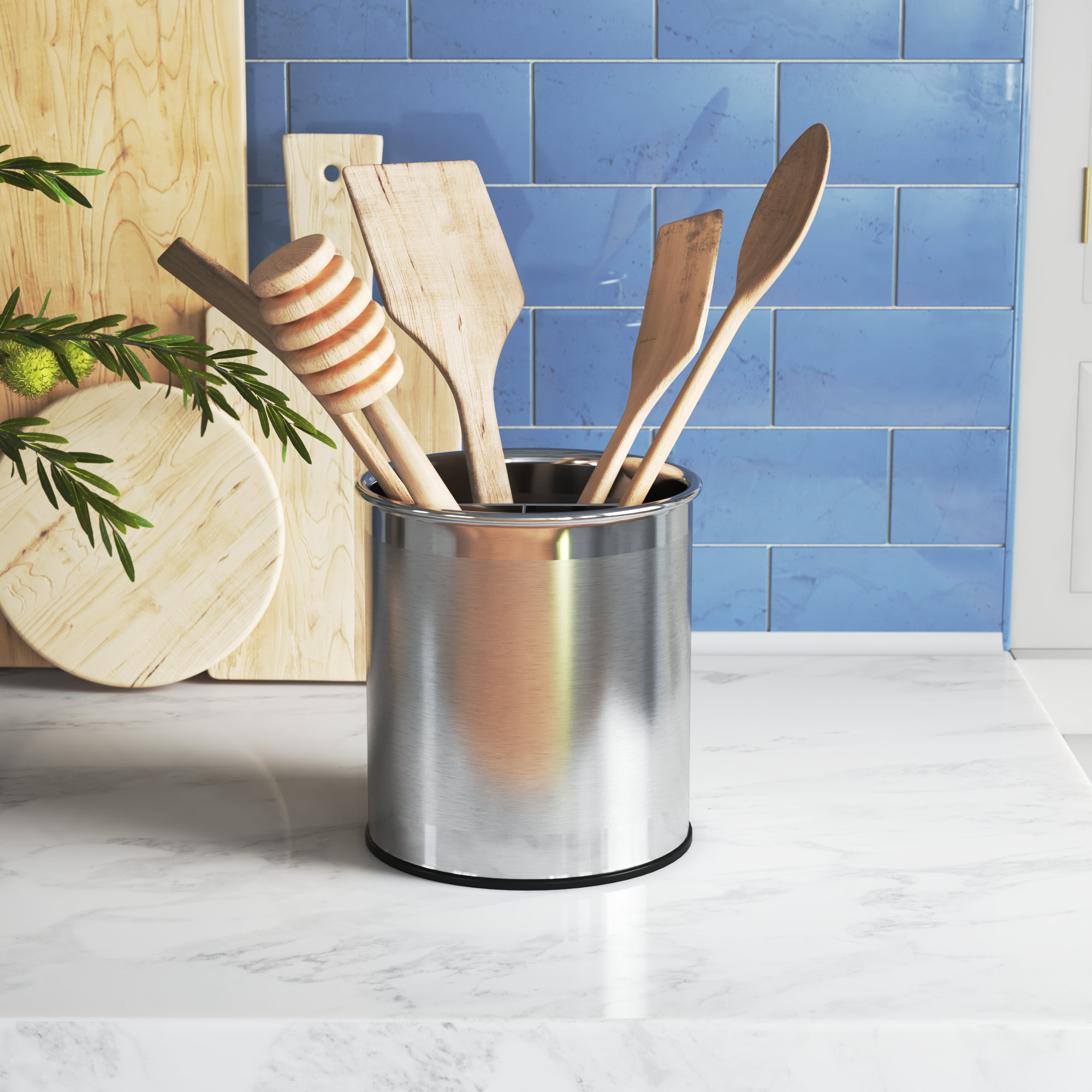 White Wood Utensils Crock w/ Curved Edges, Tabletop Kitchen