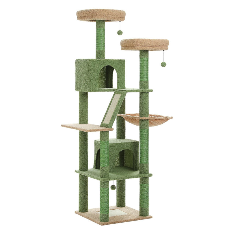 Grand arbre à chat à plusieurs niveaux avec 2 perchoirs, 2 appartements, un hamac et 2 balles en peluche, Vert