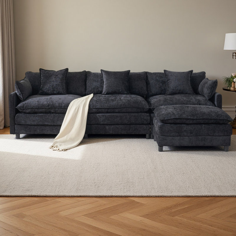 108" L Shaped Modern Sofa Modular Sectional Cloud Couch With Ottoman, 4-Seat Chenille Deep Seat Sofa With Pillow For Living Room, Bedroom And Apartment