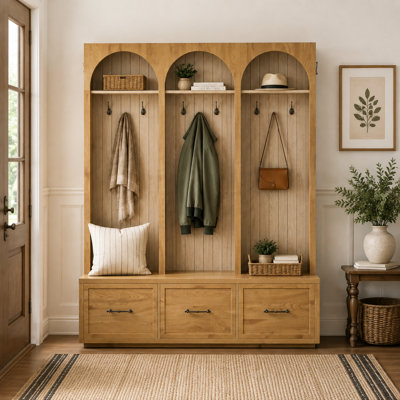 Portemanteau arqué rustique avec banc de rangement, vestibule élégant en noyer foncé avec 4 crochets rétro et tiroirs à chaussures, portemanteau pour vestibule