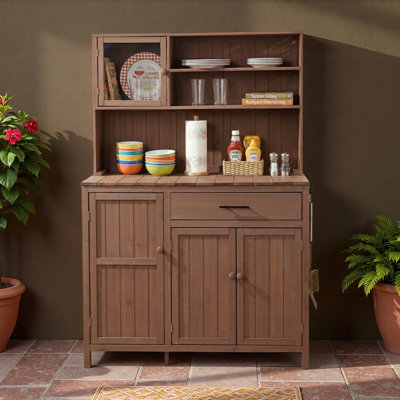 Banc de rempotage avec huche, poste de travail de jardin en bois de sapin massif de 65 po de hauteur, grand comptoir, îlot de cuisine de patio avec tablettes réglables