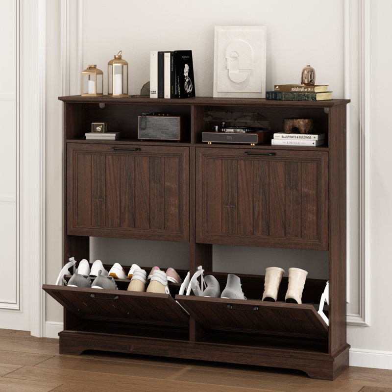 24 Pair Shoe Storage Cabinet with 4 Flip Drawers, Brown