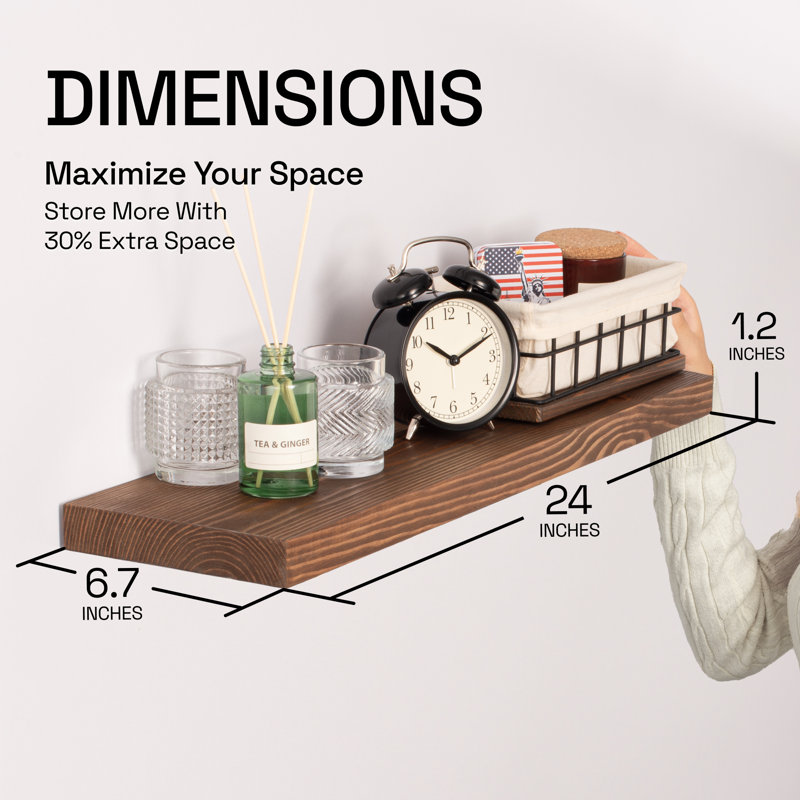 Walnut Pine Wood Floating Wall Shelves, Set of 2