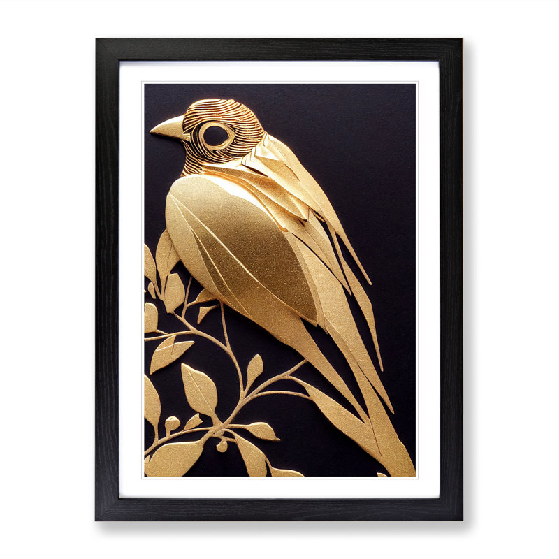 FRM-V0523-241X Bird Gold Leaf - Single Picture Frame Print, 64cm H x 46cm W x 2cm D, Black Framed