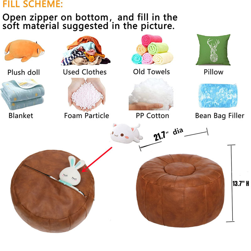 Limbrey 21.7" Wide Leather Match Round Striped Pouf Ottoman(Unstuffed), Light Brown Leather Match