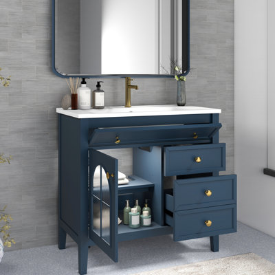 36 - Inch Blue Bathroom Vanity With Motion Sensor Strip, Flip Top Drawer And Modern Design Aesthetic Sink Integrated Basin, Metal Handles Construction