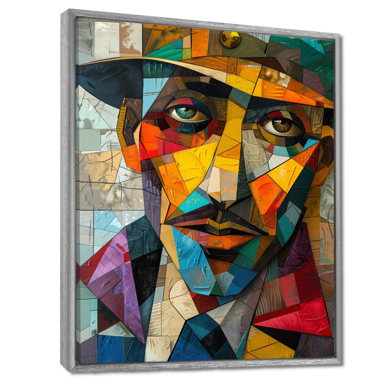 «Blue Yellow Geometric Fragmented Portrait», reproduction d'art cubique abstraite, Cadre flottant noir, H 24 po x l 32 po