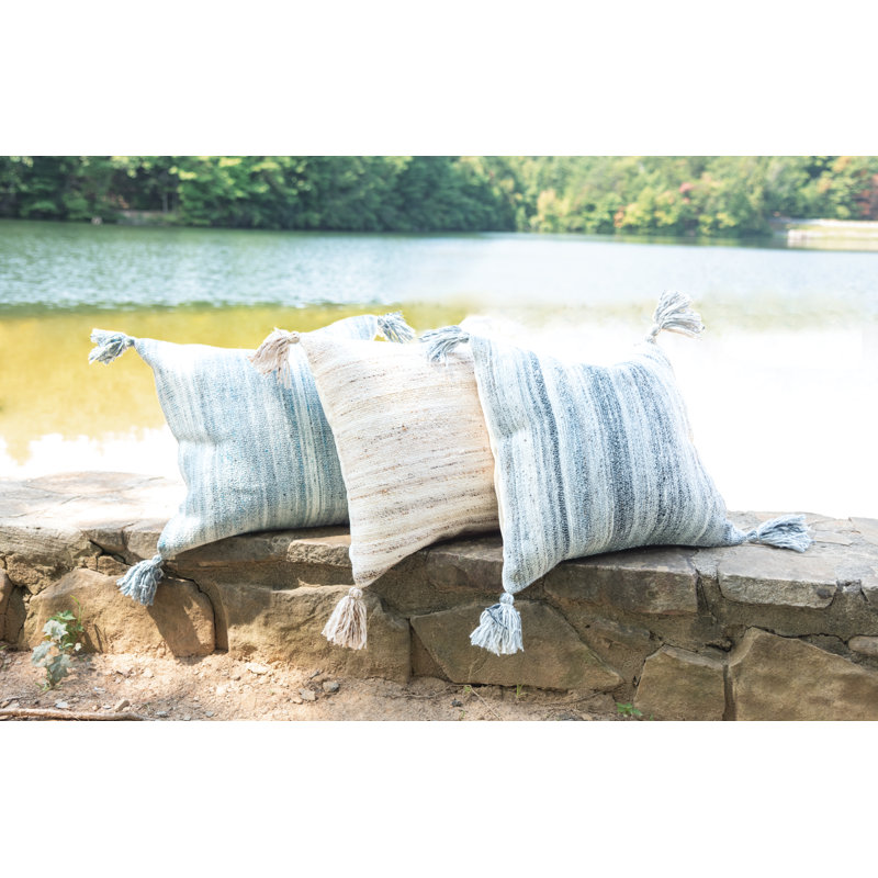 20" Gray and Charcoal Striped Tassel Throw Pillow