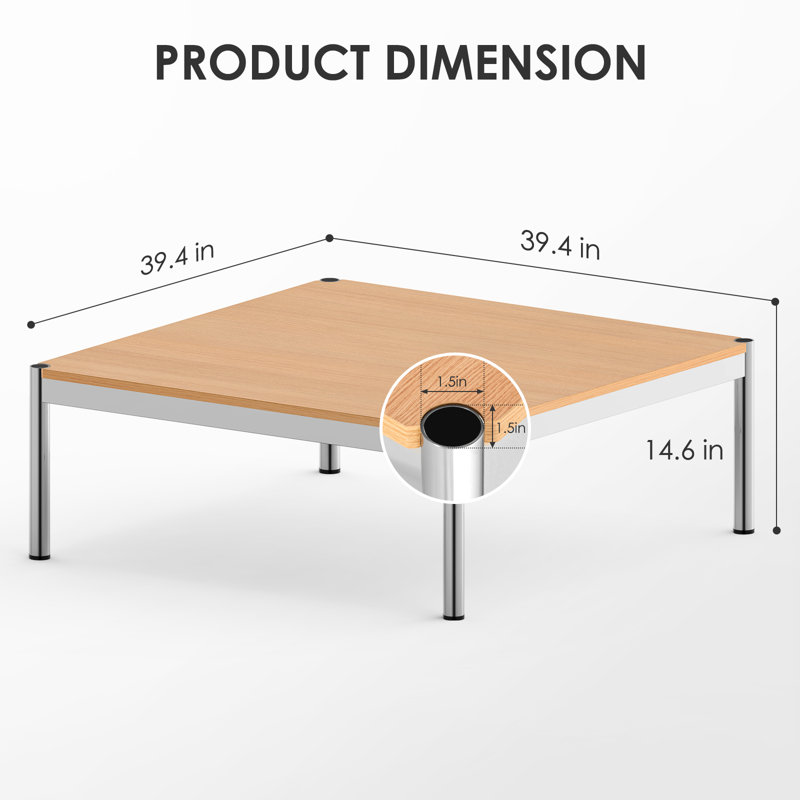 Brothir 39.4'' Wood Top Square Coffee Table with Stainless Steel Base 3 Min to Assemble, Light Yellow Wood