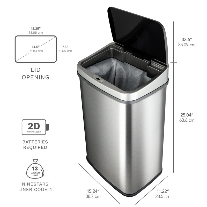 Nine Stars 13.2 Gallon Stainless Steel Motion Sensor Trash Can, Gray