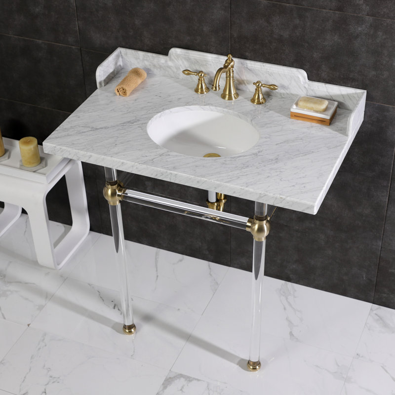 Kingston Brass Pemberton 36-Inch Carrara Marble Console Sink with Acrylic Legs (8-Inch, 3-Hole), Marble White/Brushed Brass
