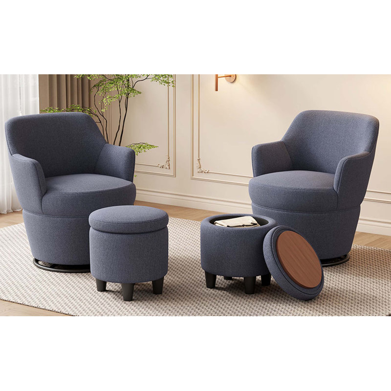 Modern Swivel Accent Chair with Ottoman, Blue Cotton Linen