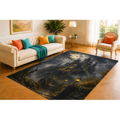 Tapis « ultra-léger » 152 x 213 cm, motif de château hanté, porte en croissant et rose cramoisie, revêtement de sol imprimé lisse pour salon, entrée, bureau et décoration romantique sombre