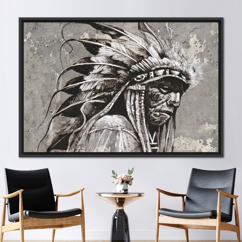 Abstrait art moderne sur toile représentant un vieux chef amérindien, H 16 po x l 24 po, Cadre flottant noir