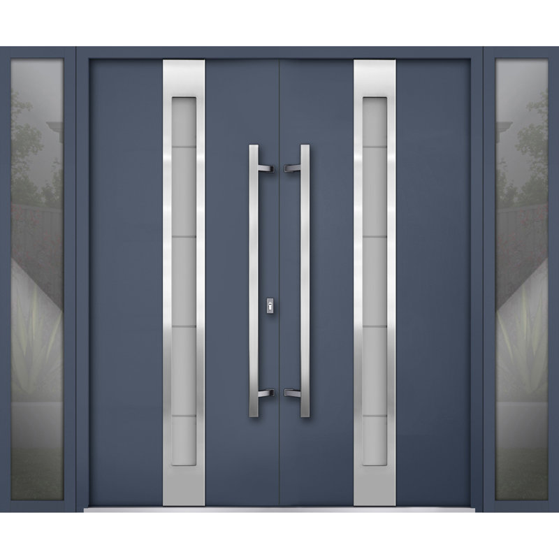 Façade avant extérieure portes doubles en métal / deux vitres en verre givré graphite gris 1717/2 fenêtres extérieures latérales / porte d'entrée moderne peinte à gauche à l'intérieur 100 po x 80 po