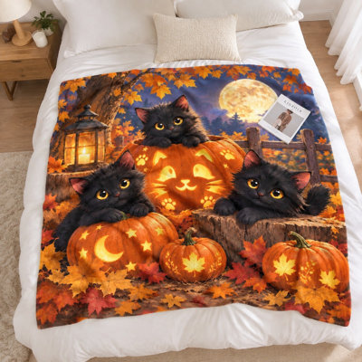 1 pièce Adorable couverture de flanelle à motif citrouille et chats noirs - thème de l'Halloween; conception fantaisiste