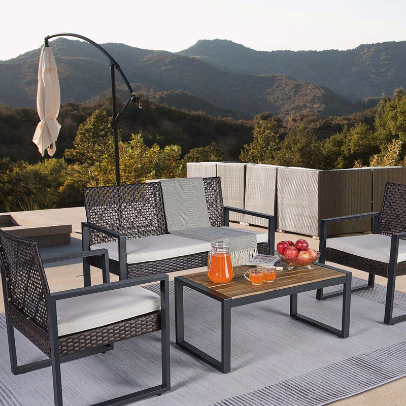 Ensemble de meubles de patio 4 pièces pour balcon, véranda, jardin, jardin, jardin, pelouse, plateau de table en bois d'acacia, brun Morden et coussin beige