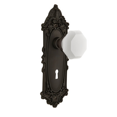 Poignée de porte mortaise intérieure en verre lait blanc avec plaque longue victorian Waldorf