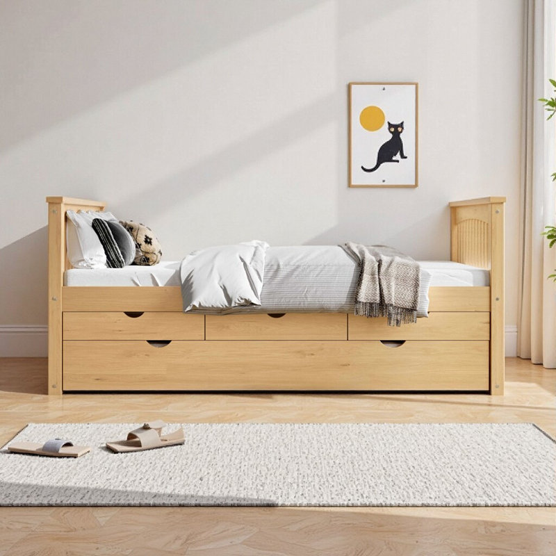 Lit plateforme simple en bois massif avec tiroirs de rangement et lit gigogne coulissant, finition naturelle, aucun sommier tapissier requis