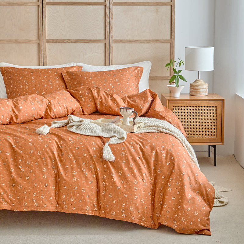 Ensemble de housse de couette en coton 3 pièces Vintage Floral Print, Floral orange