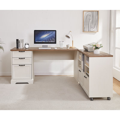 60-Inch L-Shaped Desk With File Cabinet, Built-In Power Outlets And Usb-C Port, Rustic Computer Desk With Mobile Storage Cabinet And Drawers For Home Office, White