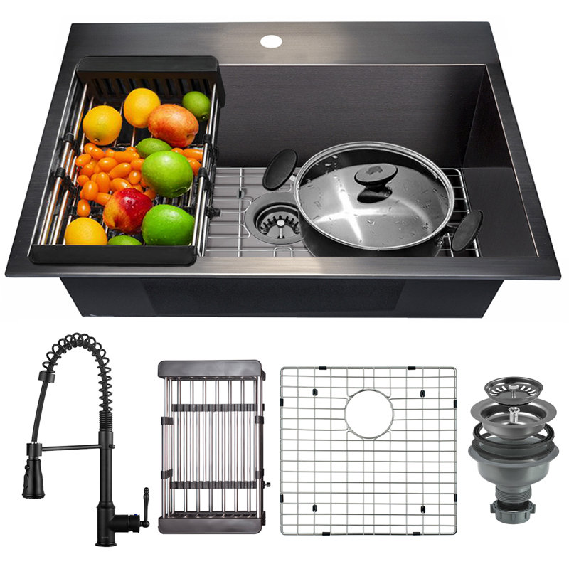 Matte Black Stainless Steel Single Bowl Kitchen Sink with Faucet Combo