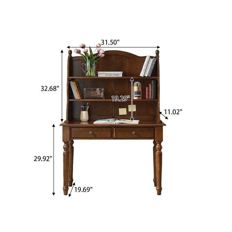 Bureau d'écriture rectangulaire en bois massif 31,5 "à 2 tiroirs avec bibliothèque, H 62,99 po x l 31,5 po x P 19,69 po