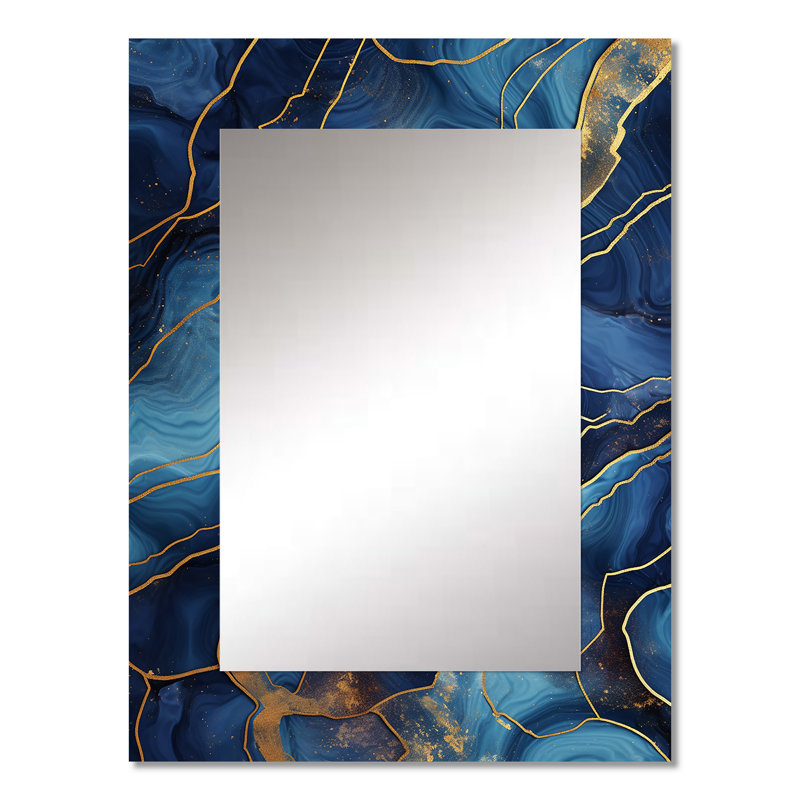 Blue and gold Abstract Marble Mirage V - Marble Decorative Wall Mirror, Modern Mirror, Printed Metal Art, 32" x 24"