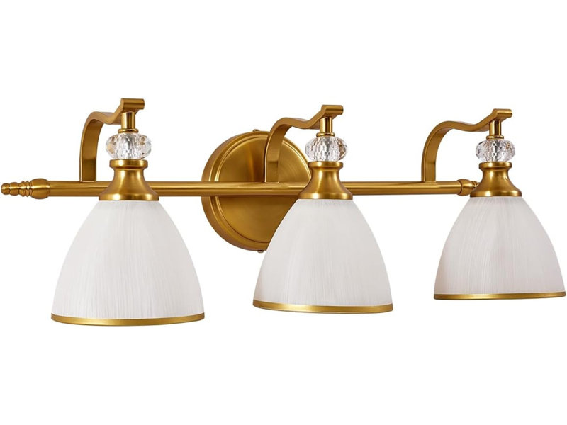 Vintage Bathroom Vanity Light Fixture with Hand-Painted Frosted Trumpet Glass Shade and Crystal Accent, Brushed Gold, 3