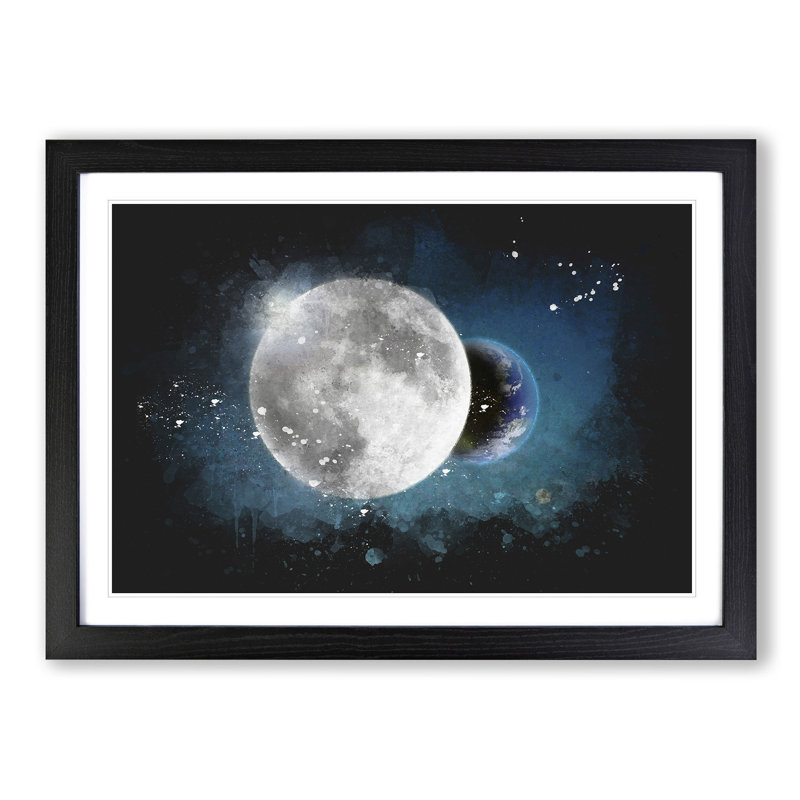 Earth Behind The Moon Paint Splash - Picture Frame Graphic Art, 62cm H x 87cm W x 2cm D, Black Framed
