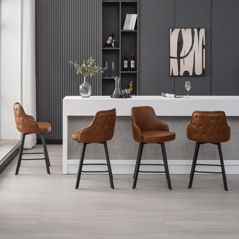 Tabouret de comptoir pivotant rembourré en cuir avec dossier haut (ensemble de 4), Brun, 4