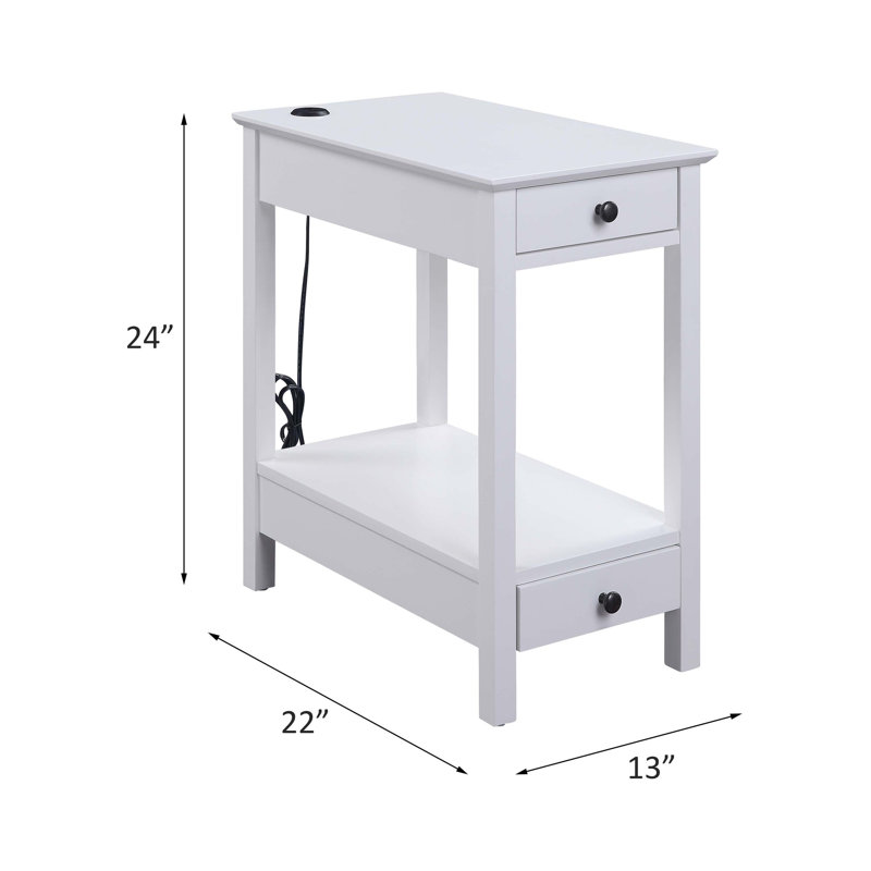 Table d'appoint Byzad White avec ports de chargement USB - Table d'appoint moderne avec 2 tiroirs et compartiment de rangement ouvert