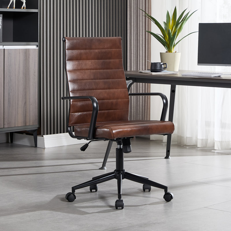 Fauteuil de bureau ergonomique Amaiia, Cuir véritable brun selle