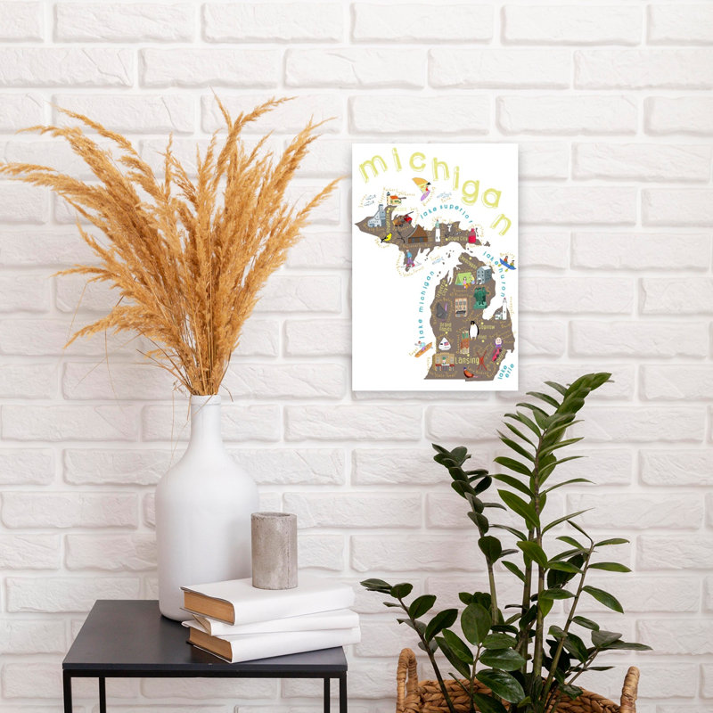 Illustrated Map Of Michigan Abstract Contemporary Architecture City Wall Art Print 1 Piece Wrapped Canvas Wall Art