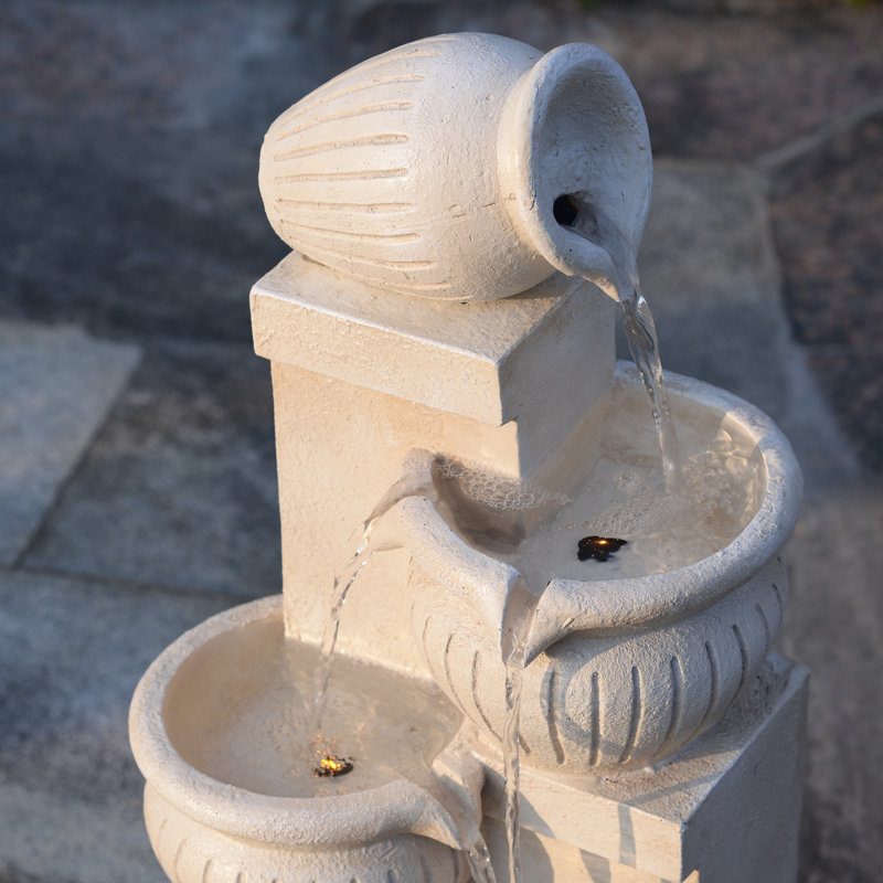 Fontaine de jardin solaire à 4 niveaux 28,5 po avec lumière DEL et pompe, Crème
